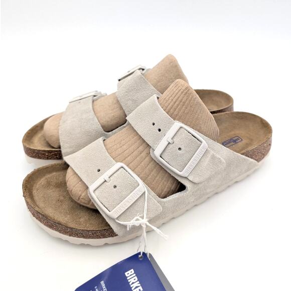 Birkenstock Shoes - Birkenstock Arizona Soft Footbed Suede Leather Sandals Antique White US W7/M5